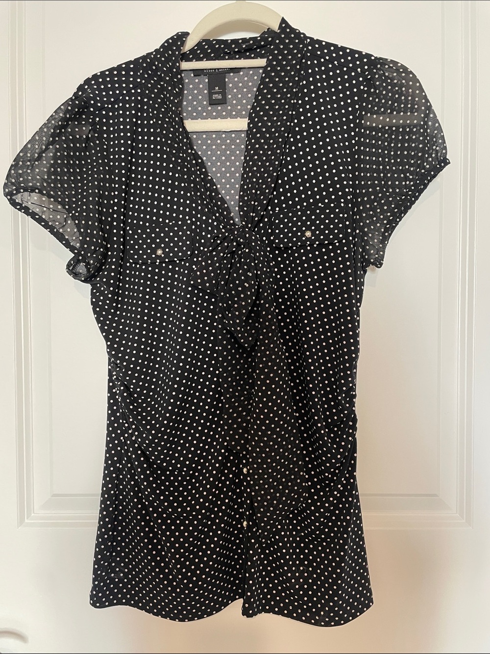 White House Black Market Polka Dot Tie-Neck Black Blouse size M